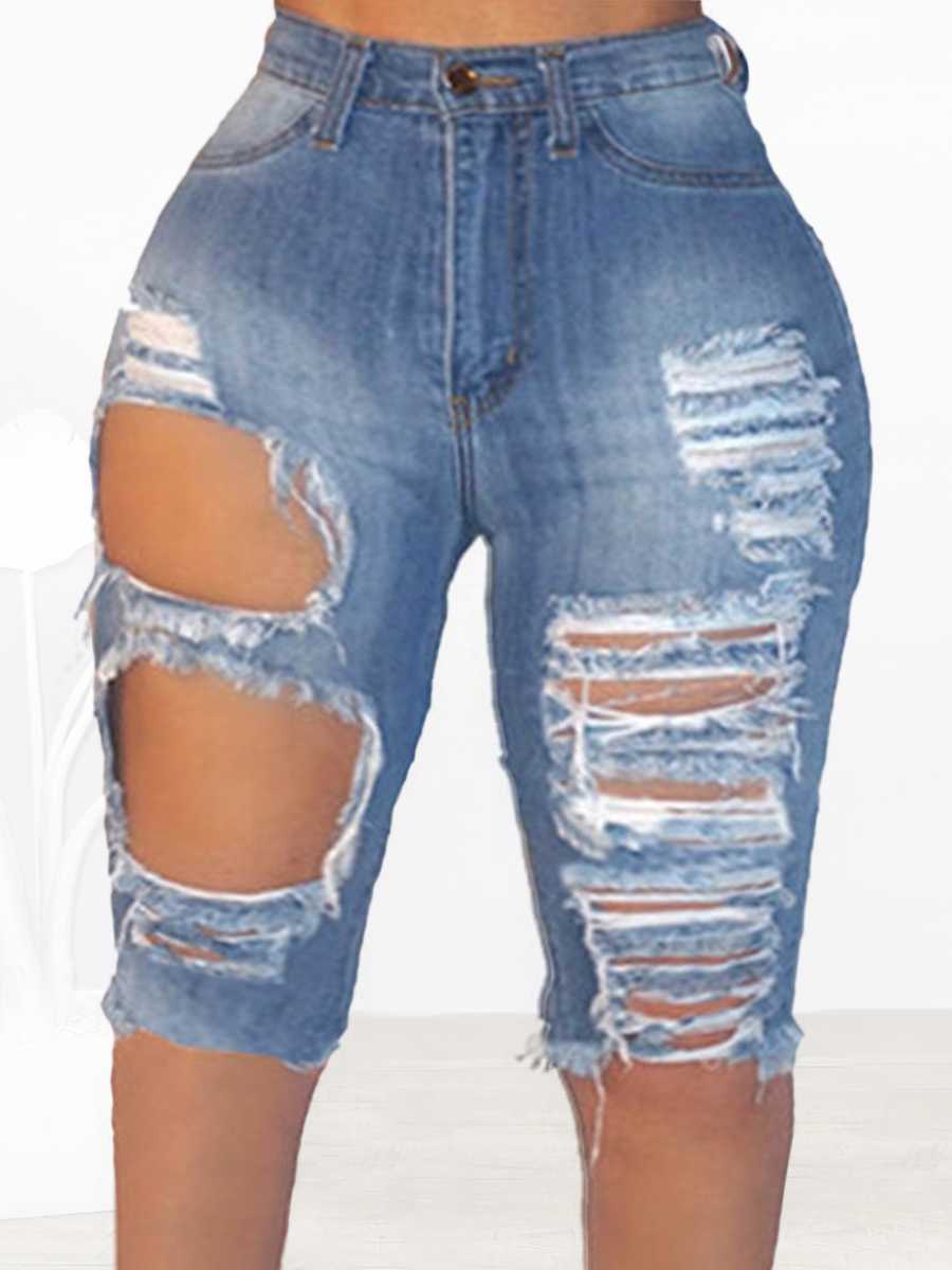 

LW Plus Size Ripped High Stretchy Denim Shorts, Baby blue