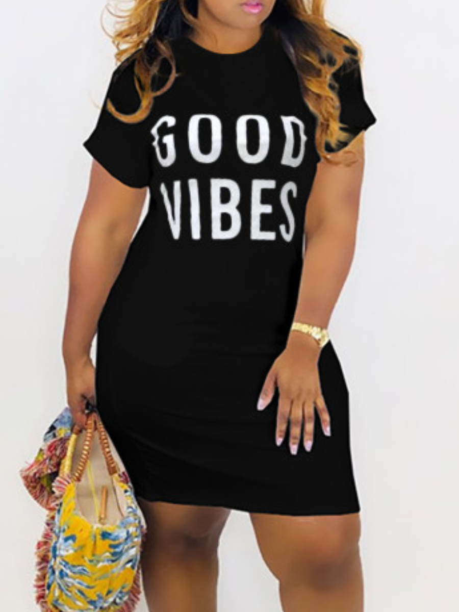 

LW BASICS Round Neck Good Vibes Letter Print Dress, Black
