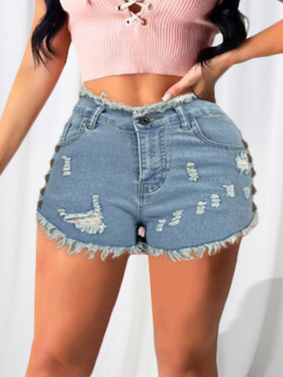 

LW Rivet Decor Ripped High Stretchy Denim Shorts, Baby blue