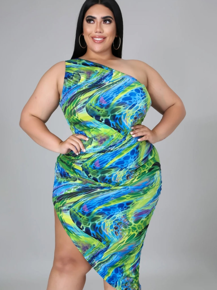 LW SXY Plus Size One Shoulder Mixed Print Dress