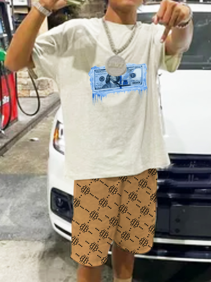 LW Men Geometric Money Print Drawstring Shorts Set