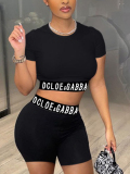 LW Crop Top Letter Print Shorts Set