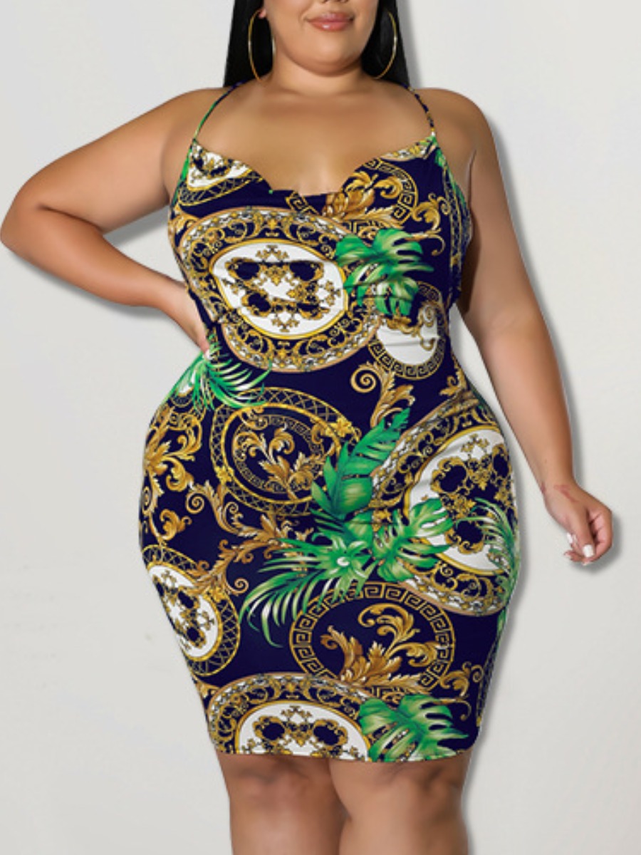 

LW SXY Plus Size Baroque Print Backless Dress, Deep blue