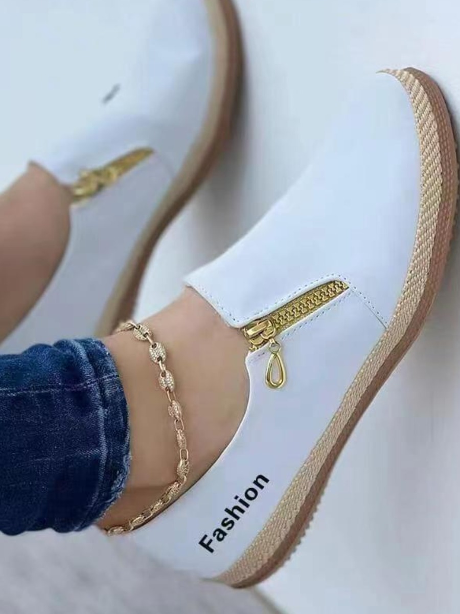 LW Letter Print Zipper Design Flats