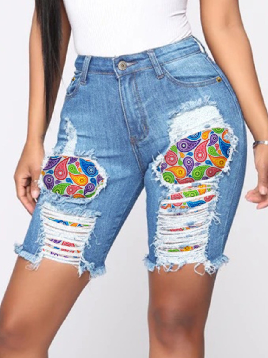 

LW Cashew Print Ripped Denim Shorts, Blue