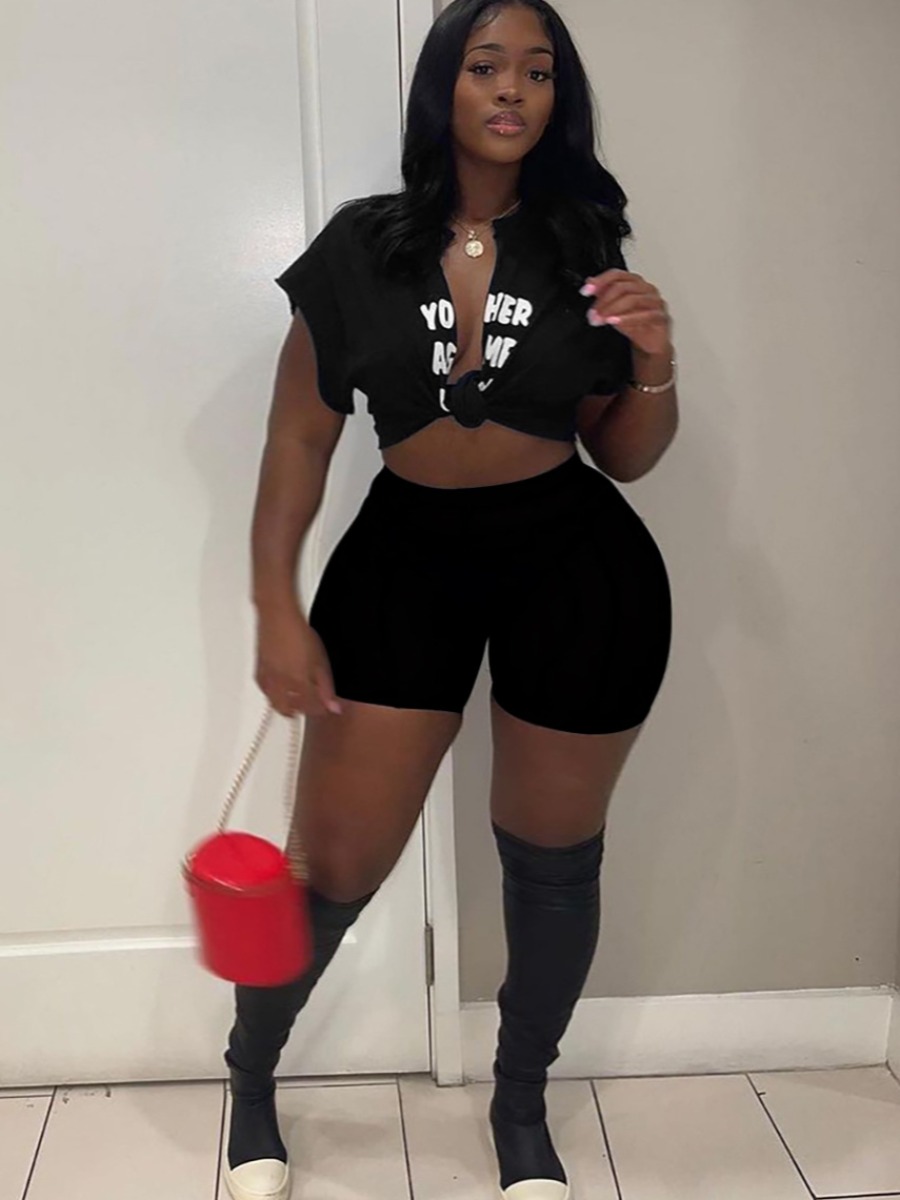 LW SXY Plus Size Letter Print Split Shorts Set