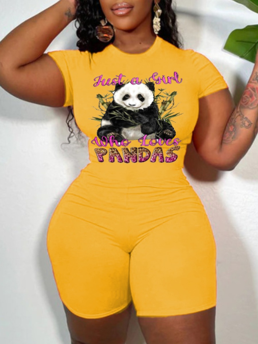 

LW Plus Size Panda Letter Print Shorts Set, Yellow