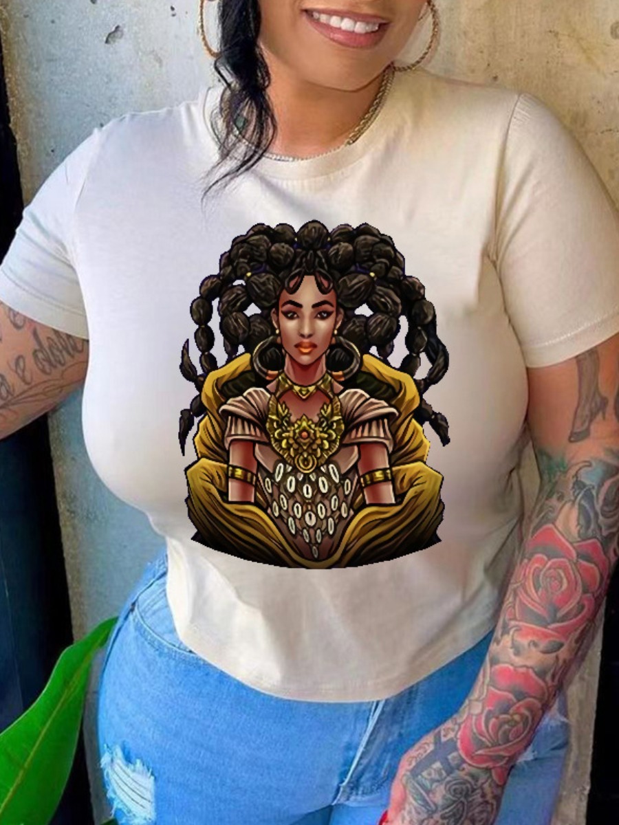 

LW Plus Size Round Neck Figure Print T-shirt, White