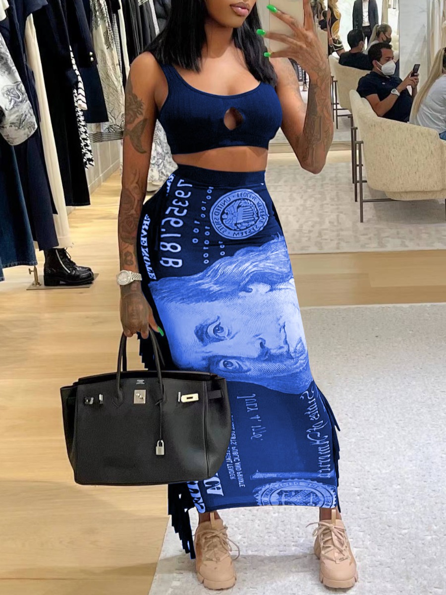 

LW Crop Top Money Print Tassel Design Skirt Set, Blue