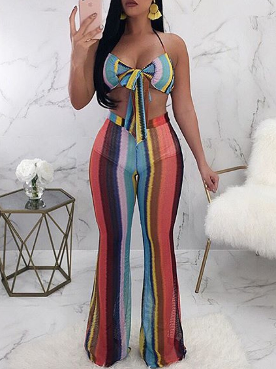 

LW Striped Drawstring Flared Pants Set, Blue
