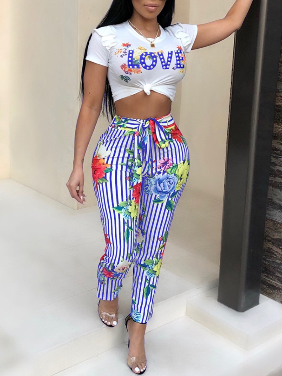 

LW Floral Love Letter Print Striped Pants Set, Blue stripe