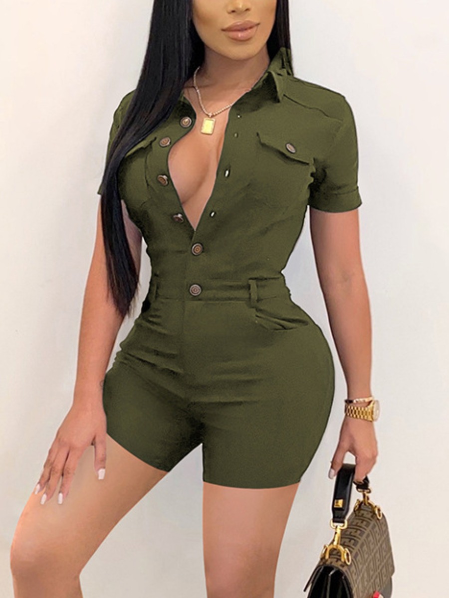 

LW Polyester Button Design Solid Regular Romper, Green