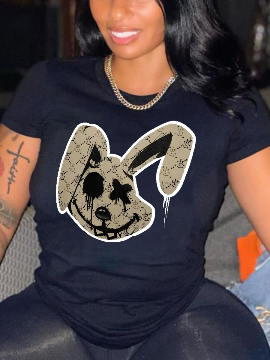 LovelyWholesale Round Neck Cartoon Print T-shirt Summer Short Sleeve Casual Round Neck Spring Summer 2024