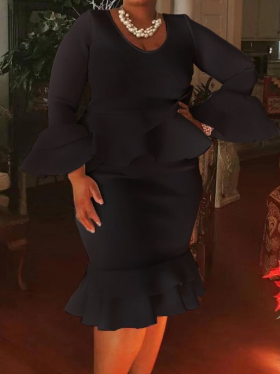 

LW SXY Plus Size Layered Cascading Flounce Design Dress, Black