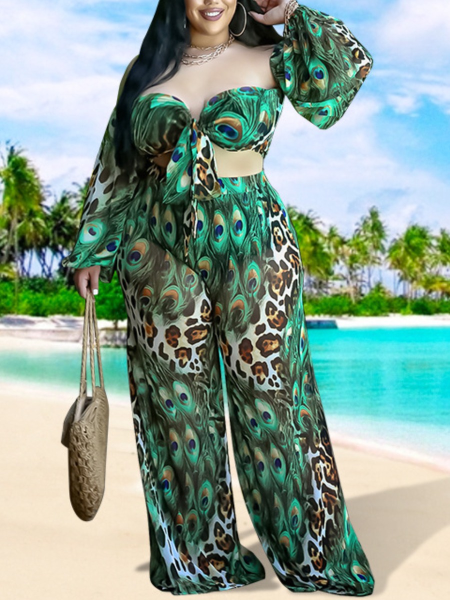 

LW Plus Size One Shoulder Peacock Print Pants Set, Cyan