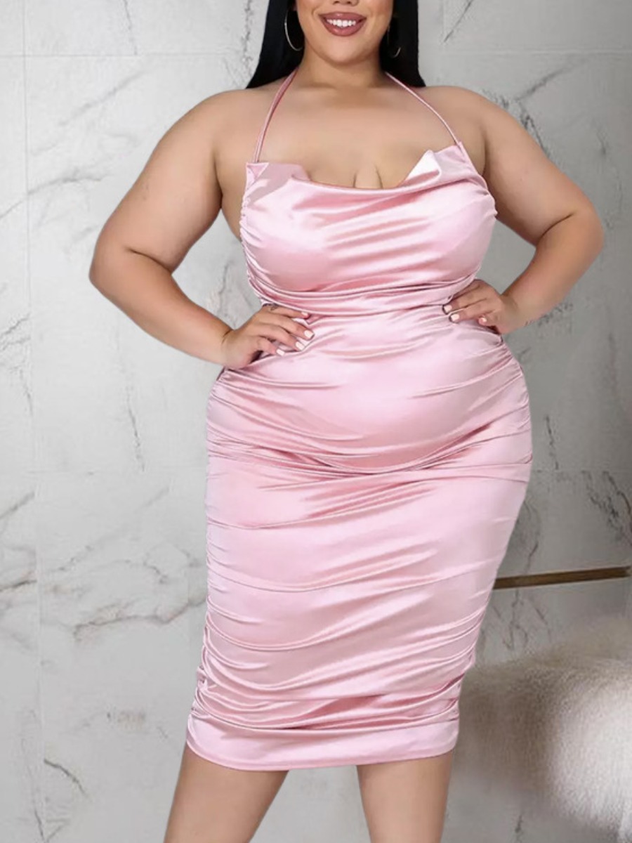 

LW SXY Plus Size Backless Ruched Dress, Pink