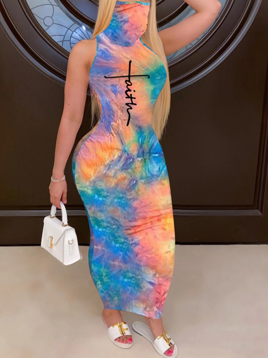 

LW Faith Letter Print Tie-dye Face Mask Bodycon Dress, Blue