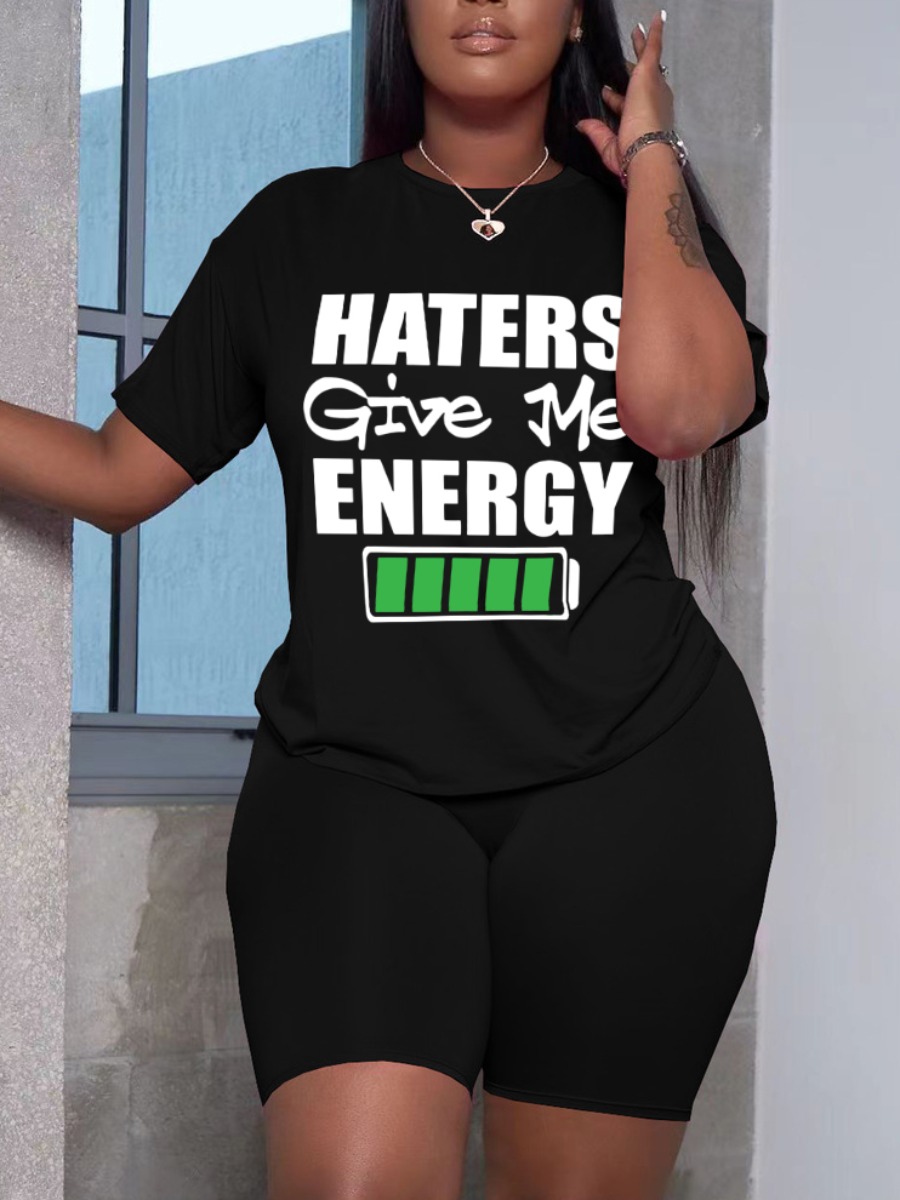 LovelyWholesale Plus Size Haters Give Me Energy Letter Print Shorts Set Summer Short Sleeve Casual Round Neck  5X Spring Summer 2024