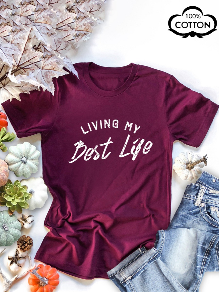 

LW COTTON Plus Size Living My Best Life Letter Print T-shirt, Wine red