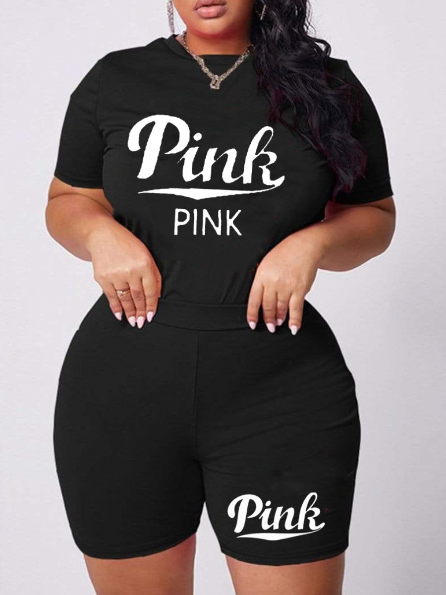 

LW Plus Size Pink Letter Print Shorts Set, Black