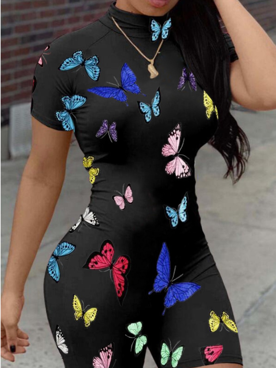 

LW Butterfly Print Skinny Romper, Black