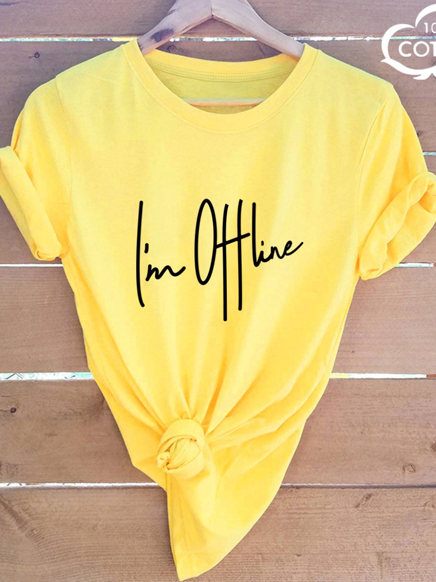 

LW COTTON Plus Size Offline Letter Print T-shirt, Yellow
