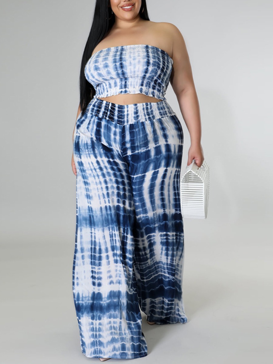 

LW Plus Size Off The Shoulder Tie-dye Pants Set, Blue