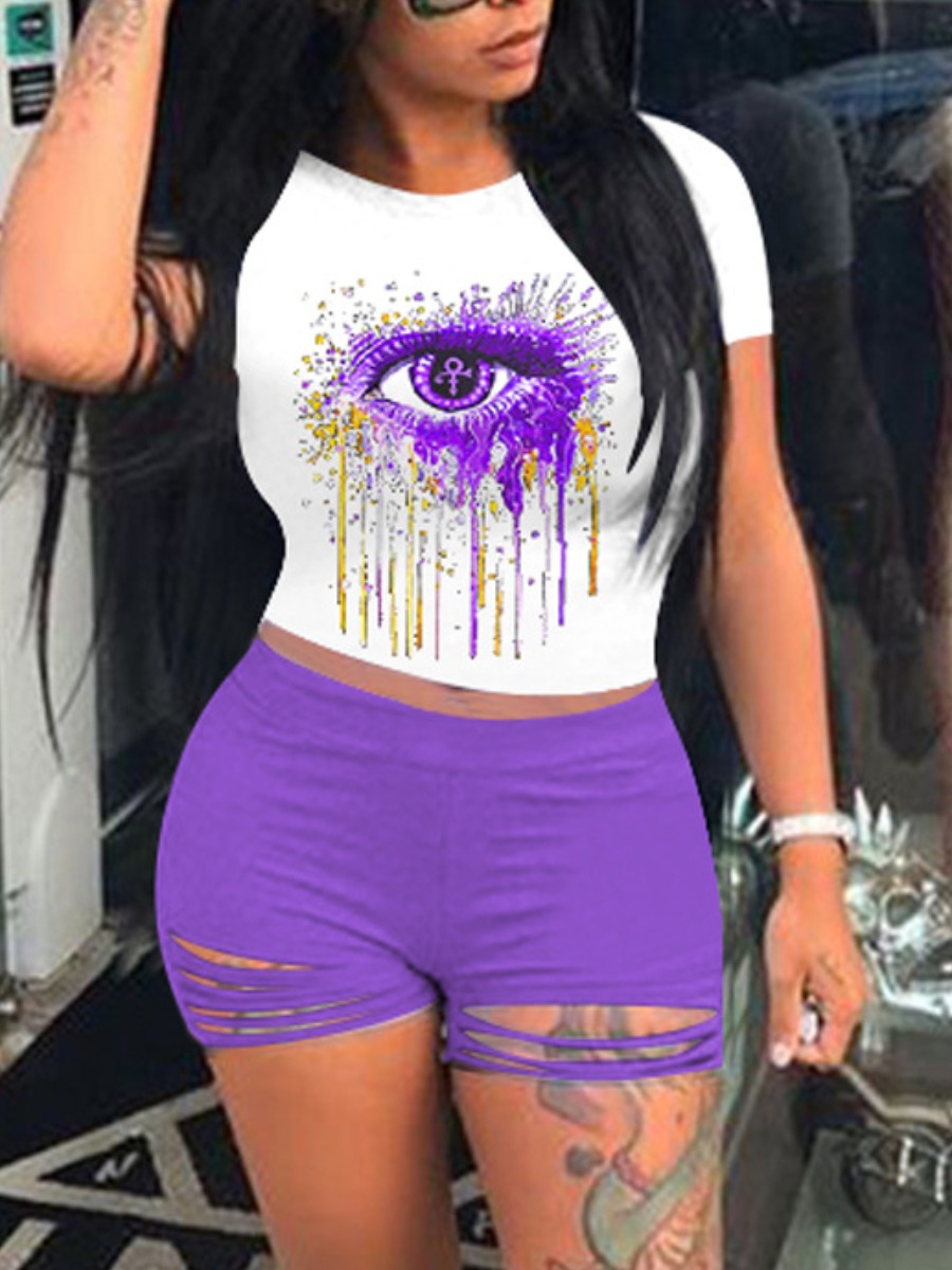 

LW Splash-ink Eye Print Ripped Shorts Set, Purple