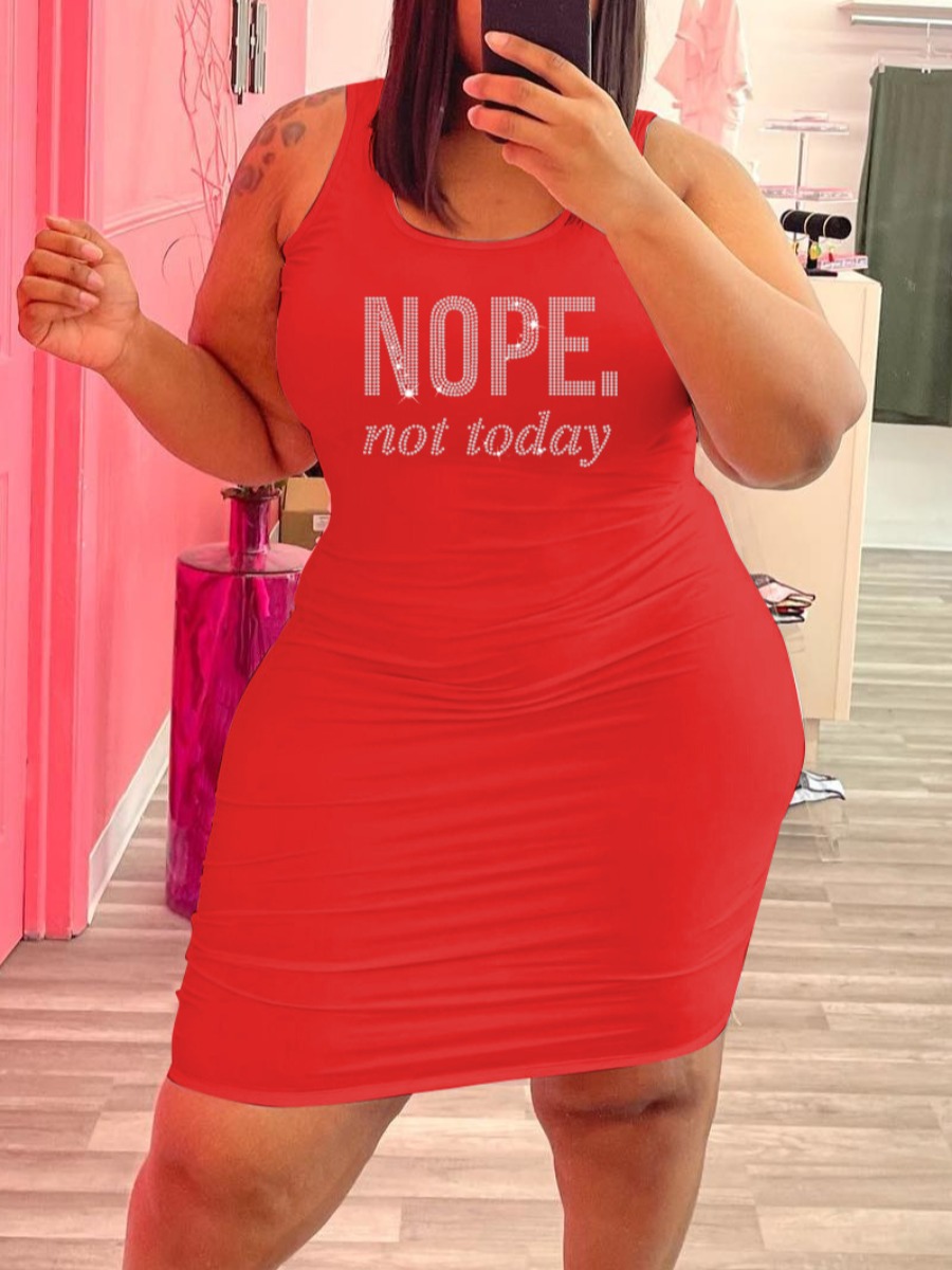 

LW SXY Plus Size Rhinestone Not Today Letter Cami Dress, Red