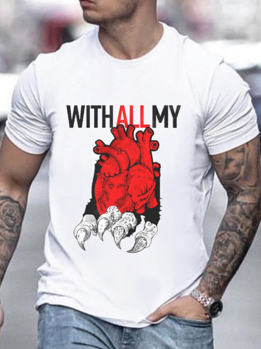 

LW Men Heart Letter Print T-shirt, White
