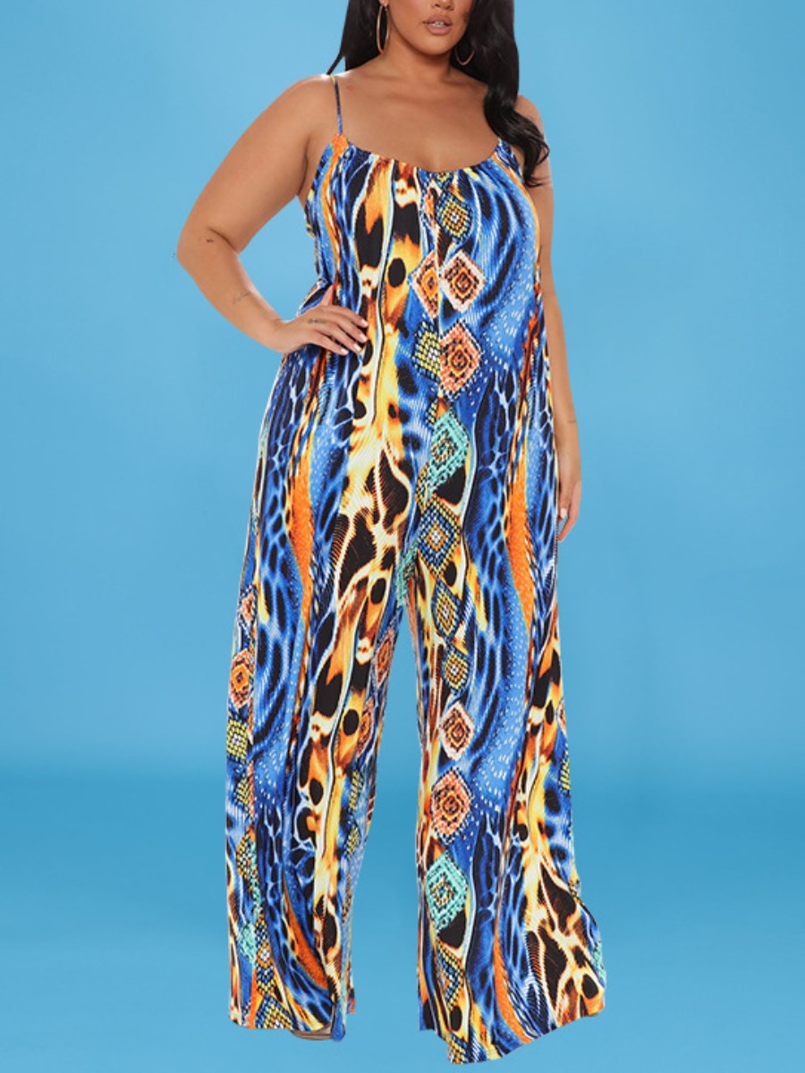 

LW SXY Plus Size Mixed Print Cami Loose Jumpsuit, Blue