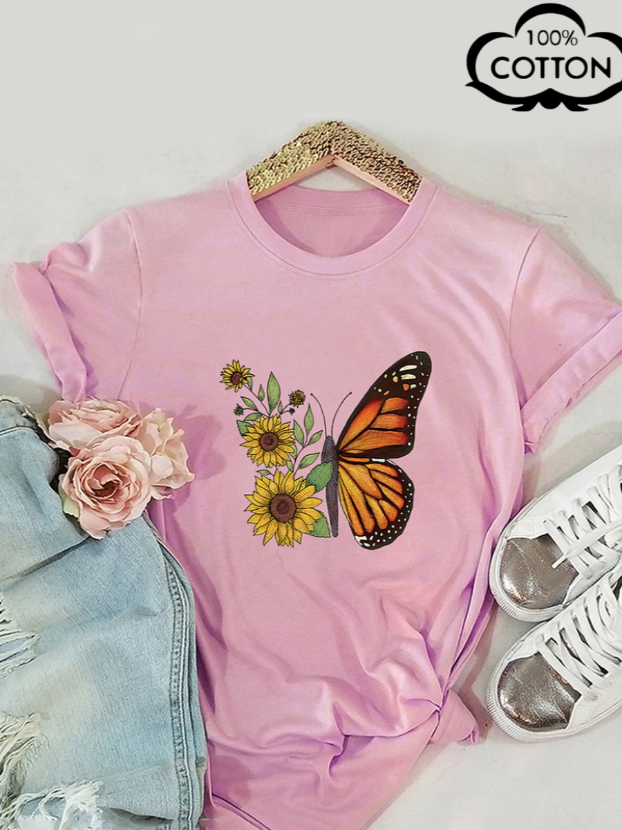 LW COTTON Plus Size Sunflower Butterfly Print T-shirt
