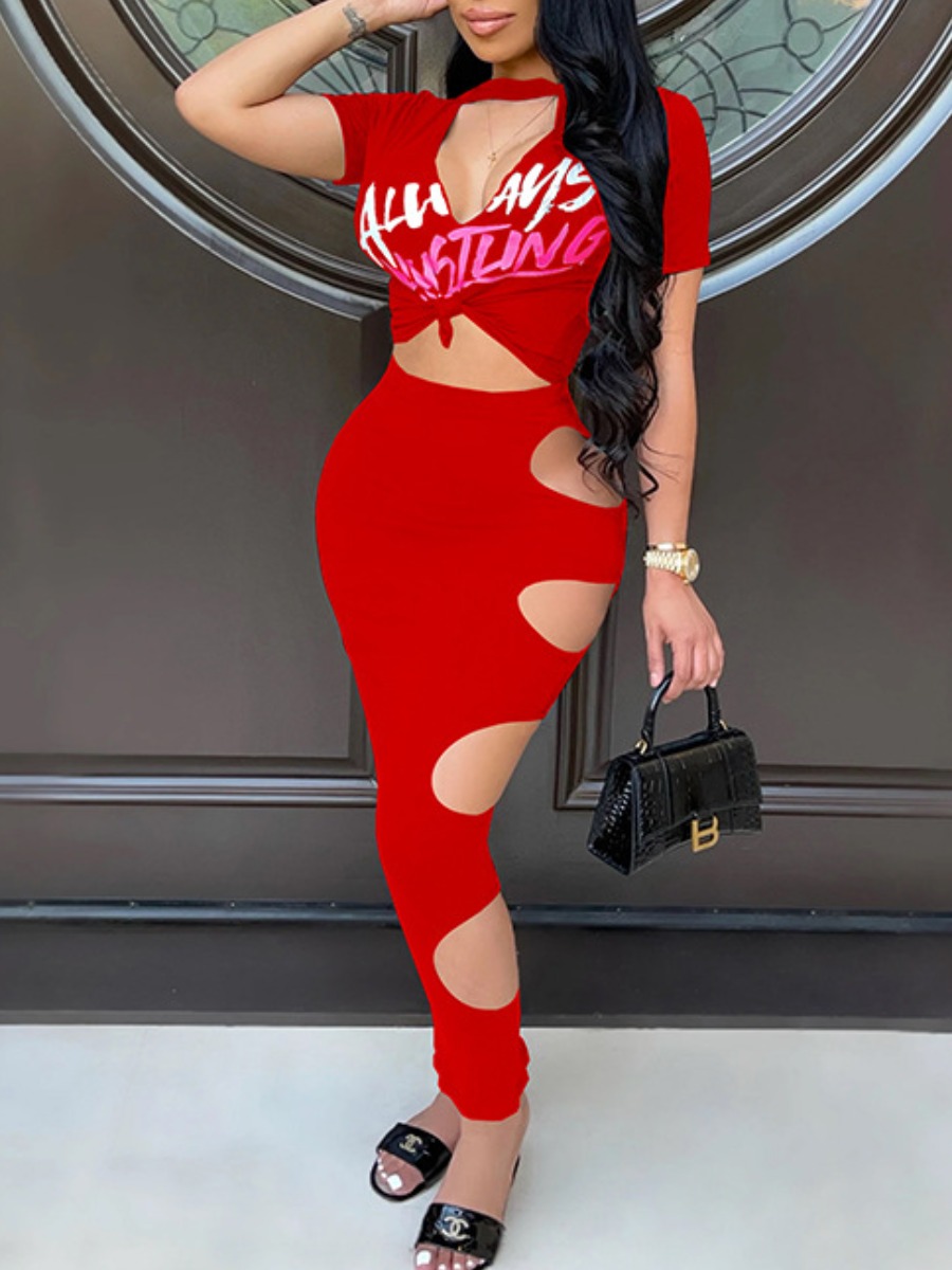 

LW Letter Print Cut Out Skirt Set, Red