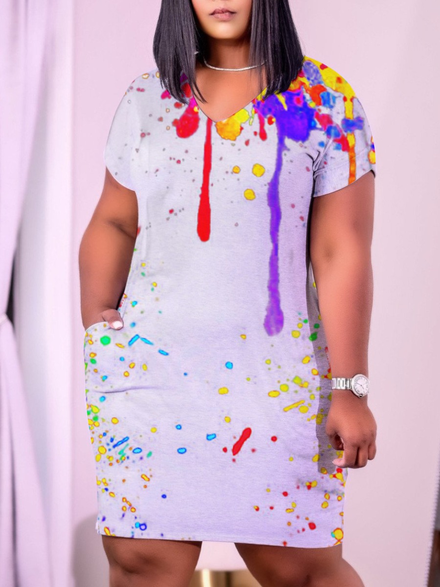 

LW Plus Size Splash-ink Pocket Design Dress, Grey