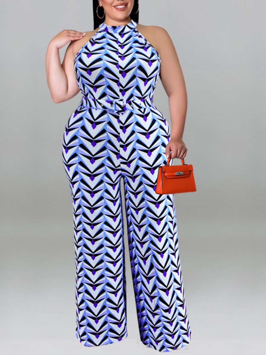 

LW Plus Size Geometric Print Wide Leg Jumpsuit, Blue