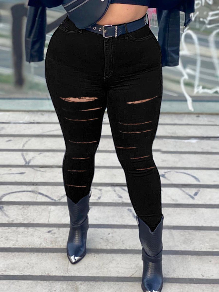 

LW Plus Size High-waisted Ripped Medium Stretchy Jeans, Black