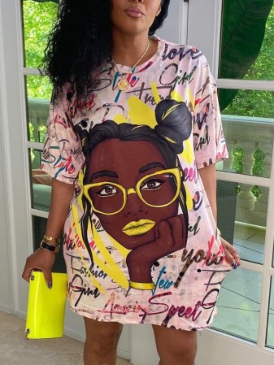 

LW Plus Size Graffiti Figure Print Dress, Pink