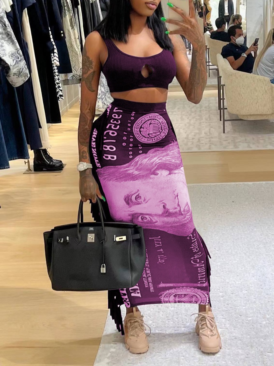 

LW Crop Top Money Print Tassel Design Skirt Set, Purple