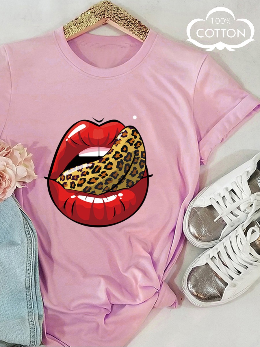 

LW COTTON Plus Size Leopard Lip Print T-shirt, Pink