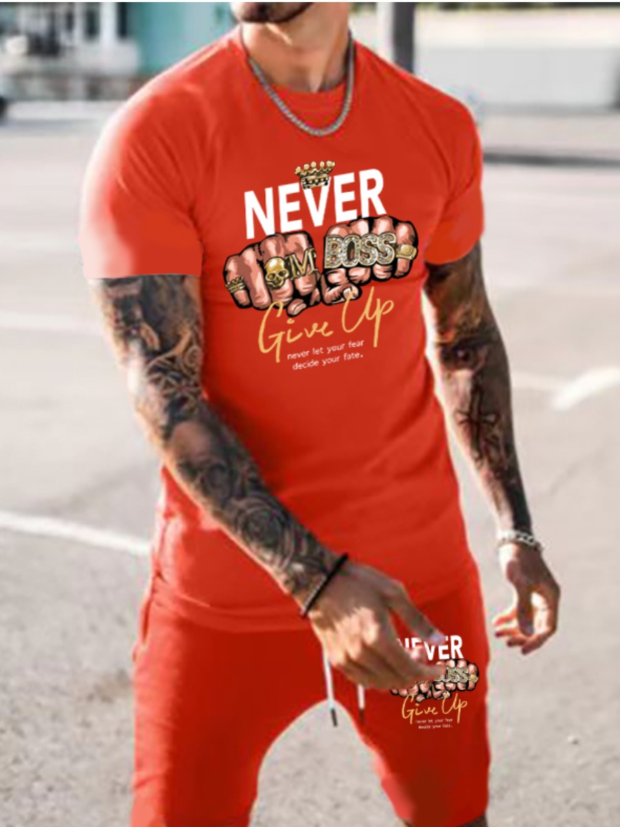 LW Men Never Give Up Letter Print Shorts Set