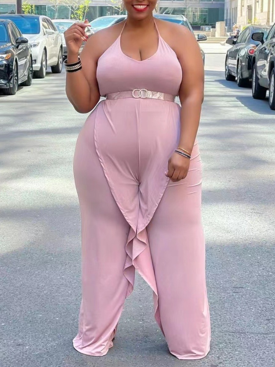 

LW SXY Plus Size Backless Stretchy Jumpsuit (Without Belt), Pink