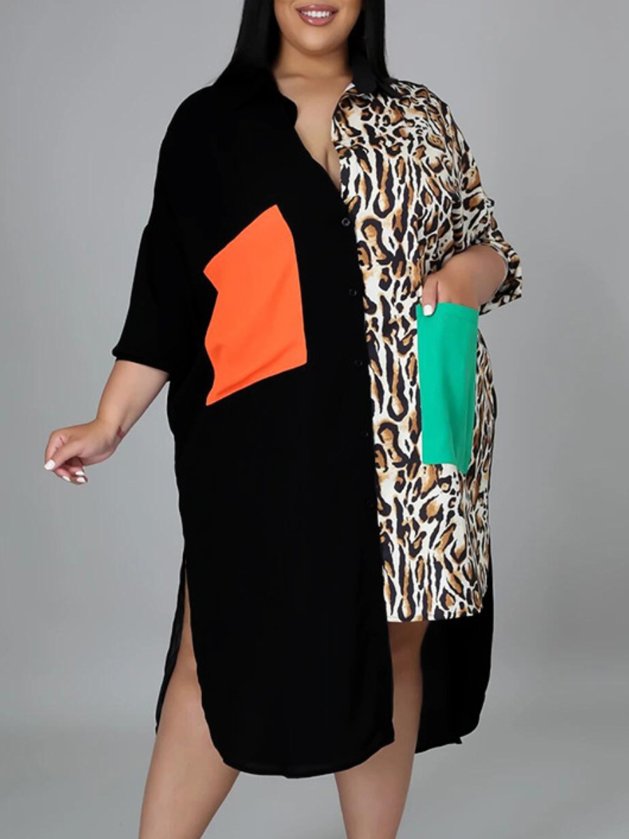 

LW Plus Size Leopard Print Slit Shirt Dress, Black