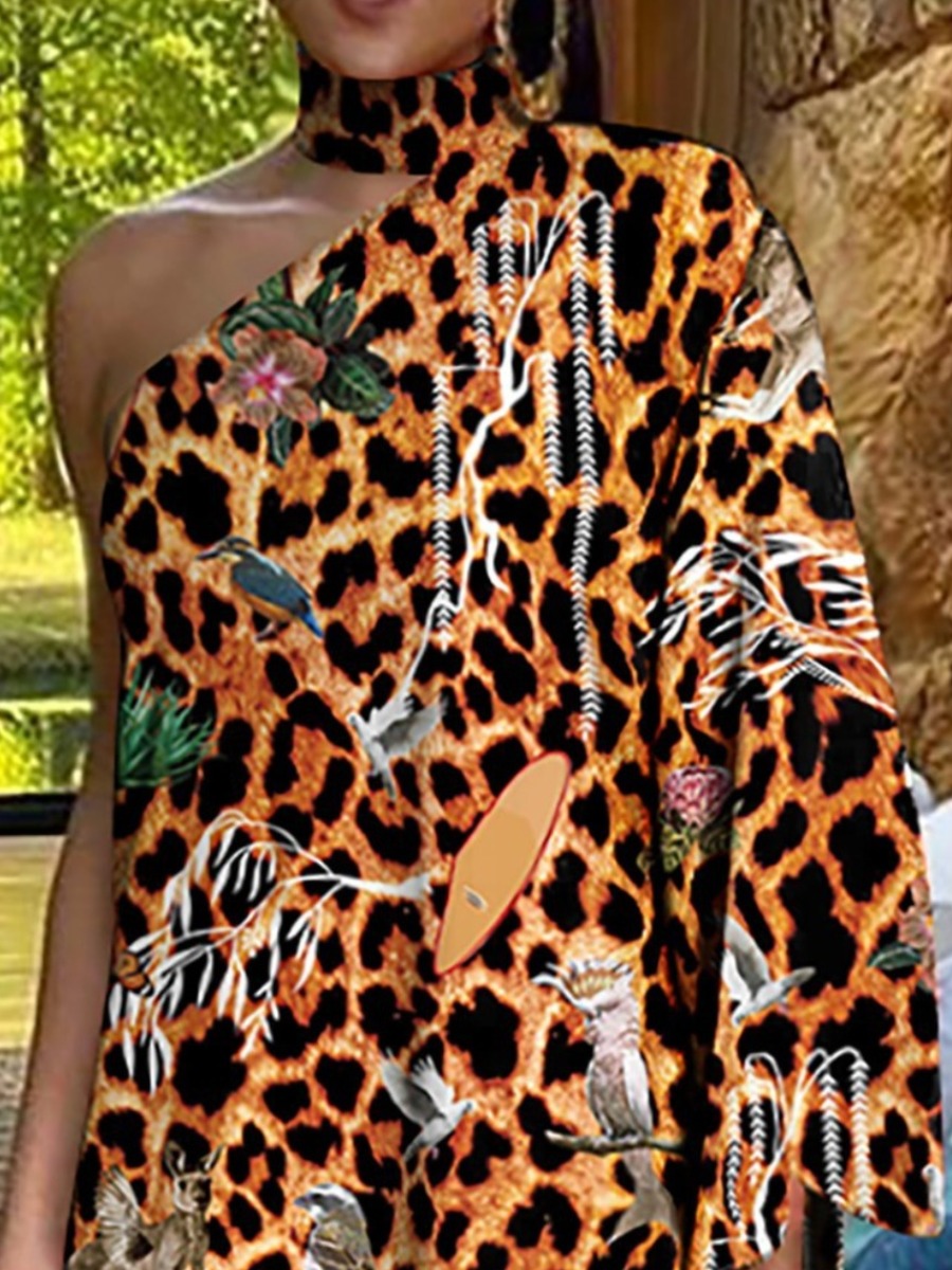 LW Blending Cut Out Figure Asymmetrical Leopard Dress