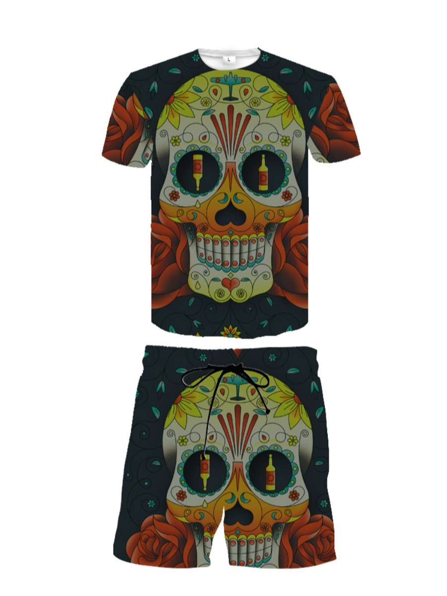 LW Men Skull Head Floral Print Shorts Set