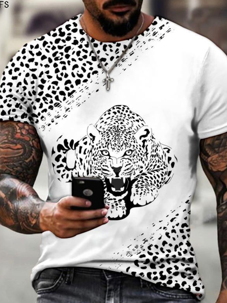 

LW Men Round Neck Leopard Print T-shirt, White