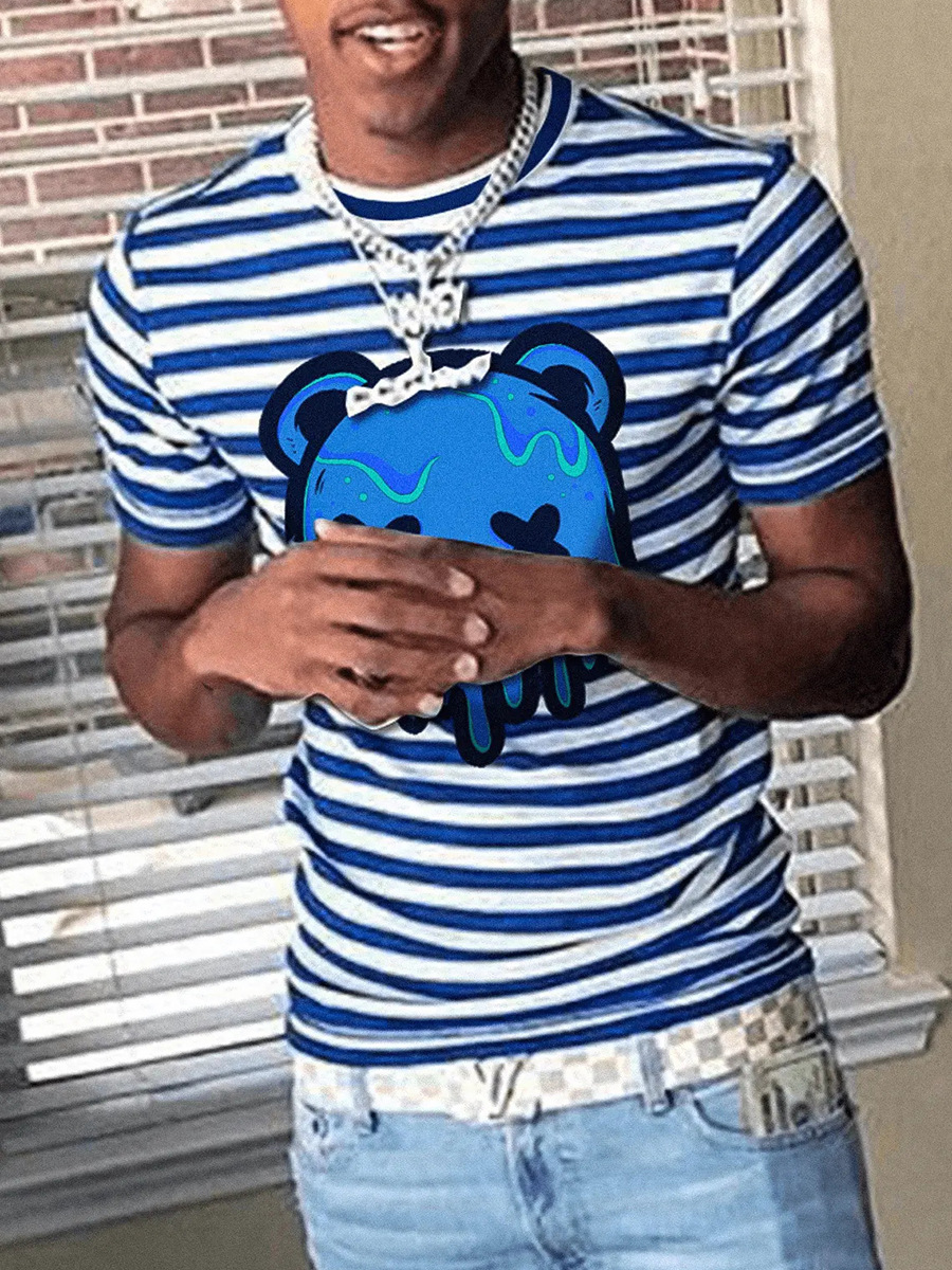 

LW Men Cartoon Print Striped T-shirt, Blue stripe