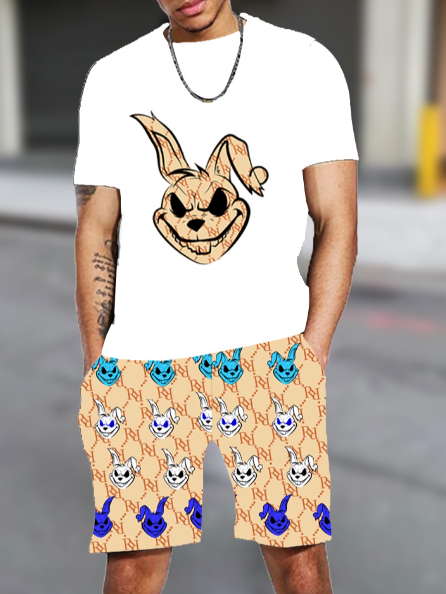 

LW Men Cartoon Pullovers Print Shorts Set, White