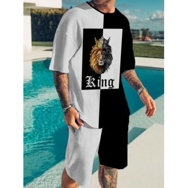 

LW Men King Lion Letter Print Shorts Set, Black