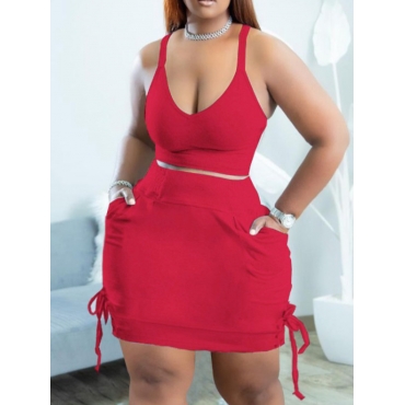 

LW Plus Size Cami Bandage Design Skirt Set, Wine red