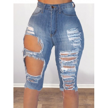 

LW High-waisted Ripped Denim Shorts, Baby blue